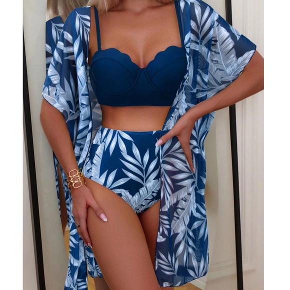 Boho Tropical Leaves High Waisted Bikini Swimsuit Cover up Set - Picture 1 of 9